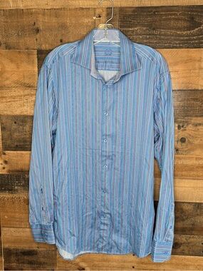 Bugatchi Blue Multi-Stripe Long Sleeve Dress Shirt
